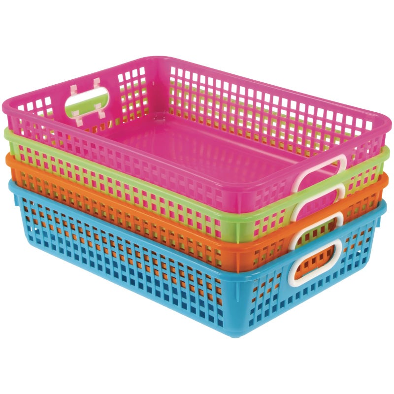 Really Good Stuff Multi-Purpose Small Desktop Paper Storage Baskets, 14" x 10" x 3.25", Set of 4, Neon Group Colors, Classroom Organization, Stackable Mesh Plastic Baskets with Grip Handles - Image 1